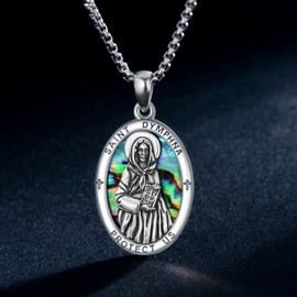 PROESS St Dymphna Necklace 925 Sterling Silver Abalone Shell Protector Saint Dymphna Pendant Medal Necklace Catholic Jewelry Presents for Women Men