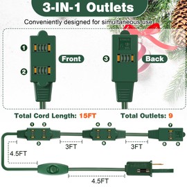 Enhon 2 Pcs 15 Ft Green Extension Cord with 9 Outlets and On/Off Switch, Christmas Tree Light Extension Cord with Safety Fuse Male Plug for Christmas Or Holiday Lights, Christmas Village Lights