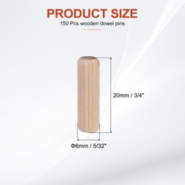 PATIKIL Wooden Dowel Pins 1/4" x 3/4" (6mm x 20mm) Straight Dowel Rods Wood Fluted Dowels Rods for Crafts Furniture DIY Hardwood Count 150