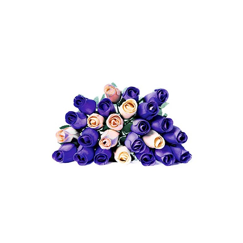 WGS 24 Realistic Wooden Roses Flowers, Purples and Cream