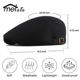 meioro Men's Mesh Peaked Cap, Breathable Summer Newsboy Gatsby Beret Cap for Men and Women, Unisex Flat Cap Driving Flat Cap Sports Hat Sun Hat Flat Cap Size 55 cm - 60 cm, black