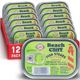 Beach Cliff Wild Caught Fish Steaks in Soybean Oil with Hot Green Chilies, 3.75 oz Can (Pack of 12) - 16g Protein per Serving - Great for Pasta & Seafood Recipes