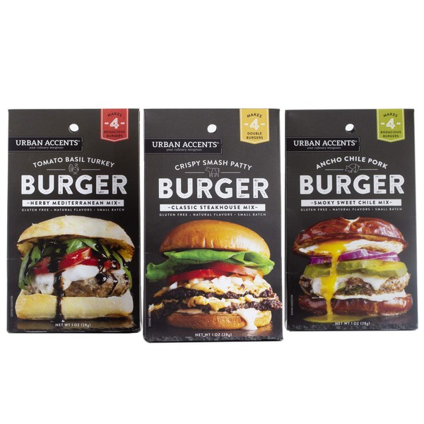 Urban Accents Gluten Free Burger Seasoning Bundle – Starter Hamburger Seasoning & Spice Packs (Set of 3) – Tomato Basil, Ancho Chile, Smash Burger Seasoning Blends