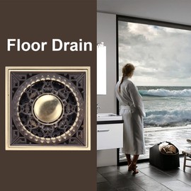Floor Drain, 3.9x3.9in Square Art Carved All‑Copper Brass Floor Drain Shower Drain Kit Floor Waste Drain Point Center with Removable Grate Cover for Hotel Home