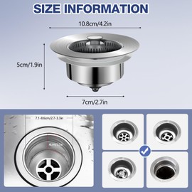 2Pcs 3-in-1 Kitchen Sink Drain Strainer and Stopper Combo - Stainless Steel Pop-Up Sink Stopper With Anti-Clogging Basket - Bounce Core Drain Aid