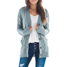 MEROKEETY Women's 2024 Fall Long Sleeve Cable Knit Sweater Open Front Cardigan Button Loose Outerwear Sage