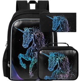 3PCS Unicorn Backpack, 17" Girls Bookbag with Lunch Box, Kids Water Resistant Middle Elementary School Bag for Prechool