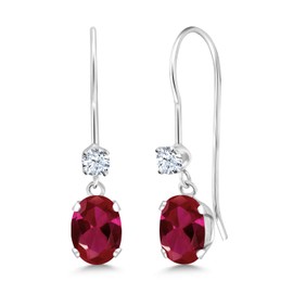 Gem Stone King 14K White Gold Red Created Ruby French Wire Dangle Earrings For Women (1.10 Cttw, Gemstone July Birthstone, Oval 6X4MM and Round 2.5MM)