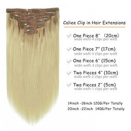 Caliee 14 Inch Human Hair Extensions Clip In Color R12/60 Ombre Light Golden Brown Roots to Platinum Blonde Silky Straight Natural Hair Extensions Remy Hair 120G 7Pcs for Full Head