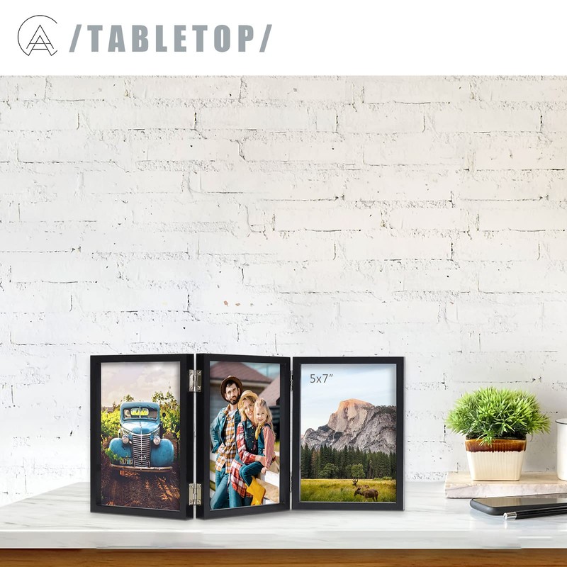 AEVETE Triple 5x7 Picture Frames Black Hinged Folding Photo Frames