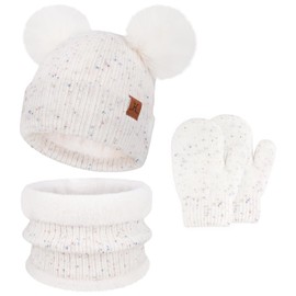 Bequemer Laden Baby Girls Boys Winter Warm Hat Loop Scarf Gloves Set, Kids Pompom Winter Hat Knitted Hat Beanie Mittens Tube Scarf for 0-4 Years Toddlers Newborn, White
