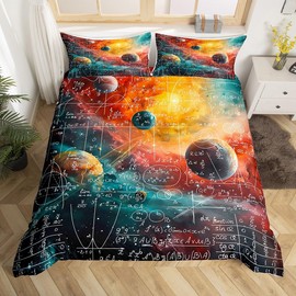 Feelyou Math Equation Bedding Set Twin Size Kids Galaxy Solar System Comforter Cover Set for Boys Girls Teens Mathematics Formula Biology Duvet Cover Geometry Science Bedspread Cover Room Decor