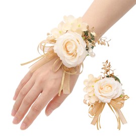Hftjtsa Champagne Corsage and Boutonniere Set Groomsmen and Groom Boutonniere for Wedding Rose Wristlet Prom Flowers for Bridesmaids Ceremony Party Accessories