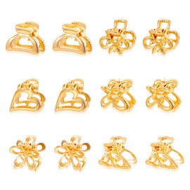 12 PCS Mini Gold Hair Clips Mini Metal Hair Clips Gold Mini Hair Clips for Thin Thick Hair Cute Mini Gold Metal Flower Clips Small Metal Hair Claw Clips Strong Hold Mini Claw Clip for Women Girls