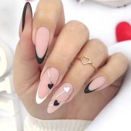 Press on Almond Nails-24Pcs Artificial French Tips Black White False Nails with Heart Designs Heart Full Cover Medium Acrylic Fake Nails Glue Stick on Fingernails for Women Girls
