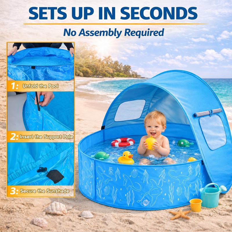 Baby Pool with Canopy, Foldable Pop Up Kiddie Pool with