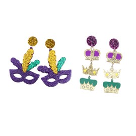Mardi Gras Dangle Earrings Set for Women Carnival Theme Mardi Gras Mask Crown Drop Earrings Mardi Gras Costumes Holiday Jewelry-C