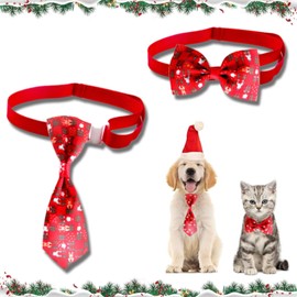 2Pcs Samll Christmas Cat Neckties and Bow Ties, Xmas Kitty Bow Ties Collar, Cute Bowties and Adjustable Neckties,Fit for Most Cats, Xmas Pet Bow Ties Accessories Red