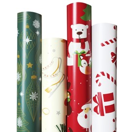 4 Rolls Christmas Wrapping Paper, 30 Inch x 14.8 Feet per Roll, Totaling 148 sq. ft. – Ornaments, Santa, Reindeer & Gift Box Designs, Eco-Friendly & Durable Coated Paper Gift Wrap for Christmas Presents & Holiday Decor
