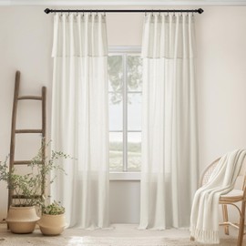 Ruffled Linen Curtains for Living Room - Pretty Farmhouse Country Style Light Filtering Double Layer Pleated Cute Curtains for Bedroom Aesthetic 90 Inch Long 2 Panels Set