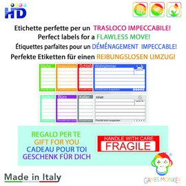 GamesMonkey® - Stickers for Moving Boxes - 15 x 8 cm - Set of 25, 50 and 100 Pieces Including Free "Fragile" Labels - Durable and Writeable (Col 001 - DE, Pack of 100 + 15 Free)