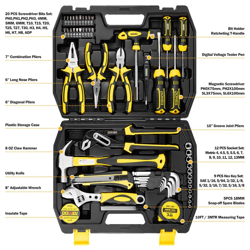 DOWELL Tool Set Tool Kit 62PCS Homeowner Tool Set Wrench