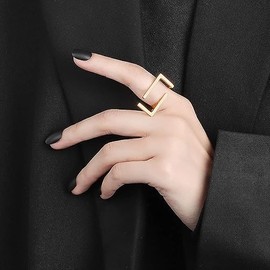 Unique Rectangle Open Band Ring for Women Girls Gold Plated Minimalist Geometrical Statement Adjustable Expandable Finger Rings Hypoallergenic Comfort Fit Fashion Simple Gift Jewelry