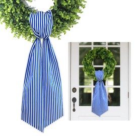 Wreath Sash for Front Door Boxwood Wreath Sash Accessories for Indoor Outdoor Decor, 4.7'' x 57''(Blue and White Stripe)