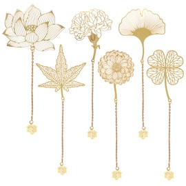 AIEX 6pcs Metal Leaf Bookmarks with Chain, Golden Hollow Exquisite Metal Bookmarks Ginkgo Carnation Flower Maple Leaf for Book Lovers Readers Teens Women Men