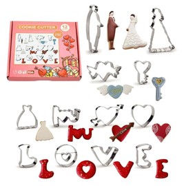 12 Pieces Valentine's Day Cookie Cutters Set, Stainless Steel Romantic Cookies Cutter includes Arrowed Heart, Couple, Heart, I Love You, wedding dress and Key Baking Mold Decorations