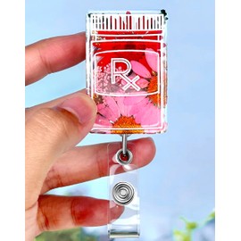 Plifal RX Dried Flower Badge Reel Holder Retractable with ID Clip for Nurse Nursing - Resin Floral Name Tag Card Accessories Alligator Clip for Medical Office Worker Teacher Student Red