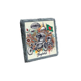 Bangladesh Rickshaw Slate Coaster with Colorful Artwork and Flag Design (slco-kf25-1569)