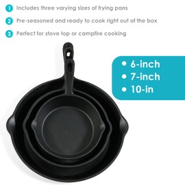 Sunnydaze 3-Piece Pre-Seasoned Heavy-Duty Cast Iron Skillet Set - 6-Inch, 7-Inch, and 10-Inch Black Metal Frying Pans