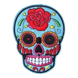 Unbranded Sugar Skull Day Of The Dead Dia De Los Muertos Iron On Patch Embroidered 4" Inch - Blue