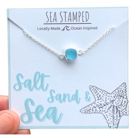 Sea Stamped Dainty Sea Glass Bracelet Sterling Silver Adjustable Beach Glass Bracelet Sea Glass Jewelry for Women Sea Glass Gifts Mermaid Jewelry (Aquamarine Blue)