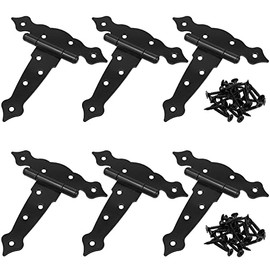 JOIKIT Paquete de 6 bisagras de puerta de granero de 5 pulgadas, bisagras de correa en forma de T con tornillos, bisagra decorativa clásica de puerta negra para vallas, ventanas, cobertizos, puertas