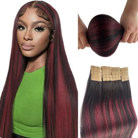 Burgundy Light Yaki Tape in Hair Extensions Human Hair Double Sided Seamless Skin Weft Ombre Highlight Black Fading to Wine Red Tape in Human Hair Extensions for Women #99J Yaki Straight Tape Ins 18”