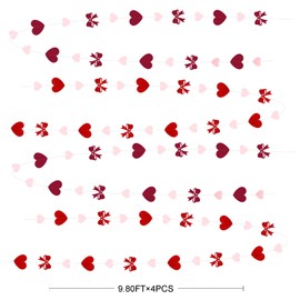 Heart Bow Decorations Burgundy Red Pink Heart Bow Hanging Garland Streamer for Anniversary Birthday Valentines Bachelorette Wedding Baby Shower Bridal Shower Engagement Hen Party Decorations Supplies