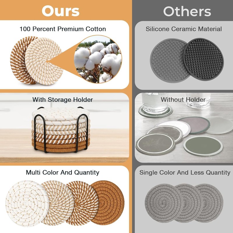 Pijiuoi Drink Coaster, 8 Pack, Multi-Color, Cotton, Linen, Round, Home