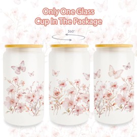 Pfkfo Butterfly Cup with Lids and Straw, Aesthetic Iced Coffee Cup, Butterfly Gifts for Women Friend Sister Her, Glass Cup with Colorful Flower, Flower Glass Cup Gifts for Women, Can Glass Cup