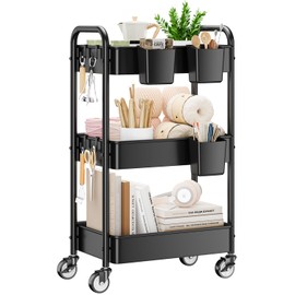 YASONIC 3 Tier Rolling Cart - Metal Utility Cart with Wheels, Hanging Cups, Hooks, Heavy Duty Mesh Rolling Storage Cart Organizer, Craft Cart for Kitchen Office, Lightweight and Sturdy
