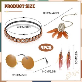 Herdear 4 Piece Hippie Costume Set Women's 70s 60s Hippie Accessories Included Round Hippie Sunglasses Boho Crystal Headband Long Feather Necklace Earring for Women Girls Cosplay (Retro)