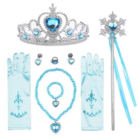 YaphetS Princess Elsa Dress Up Accessories,7 Pcs Girl's Jewelry Dress Up Play Set,Included Crowns, Wands, Necklaces,Rings,Earrings and Gloves (Elsa-7pcs)
