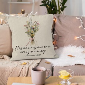 VRW Christian Floral Throw Pillow Covers 18x18, His Mercies are New Every Morning Bible Verse Wildflower Bouquet Decorative Pillow Covers for Home Bedroom, Religious Accent Pillows Cover Pillowcases
