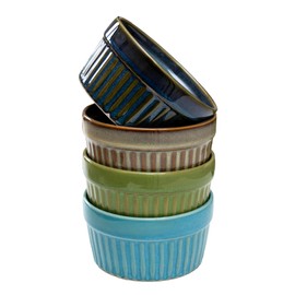 Reactive Glaze Ramekins Set Of 4 Colourful Mix Ribbed 200ml Serving Pot Dishes