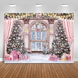 Fitumiw Christmas Backdrop for Photography 10x7ft Christmas Window Snowy Winter Scenery Photography Background Pink Curtain Snowy Forest Outside The Window Family Photo Shoot Booth Props
