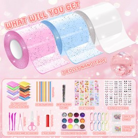 70Pcs Nano Tape Bubble Kit for Kids, DIY Nano Squishy Kits with Clay Sugar Particles Air Pump Stickers Magic Tape Craft Novelty Toys Set for Making Bubbles Girls Boys