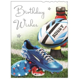 Male Birthday Card - General Card for Men/Boys - Sporty Rugby Design - Special Finishes and Illustrated Insert Leaf - Made in the UK