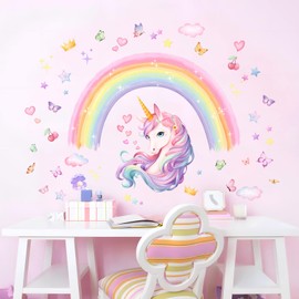 Unicorn Rainbow Wall Stickers, Watercolor Rainbow Stars Wall Decals Peel and Stick Wall Decal Self Adhesive Home Decor for Girls Nursery Kids Room