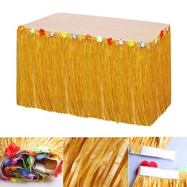 9.6ft Hawaiian Table Skirt, Hawaiian Decoration Grass Tale Skirt with flowers for Tiki Bar Tropical Hawaiian Party